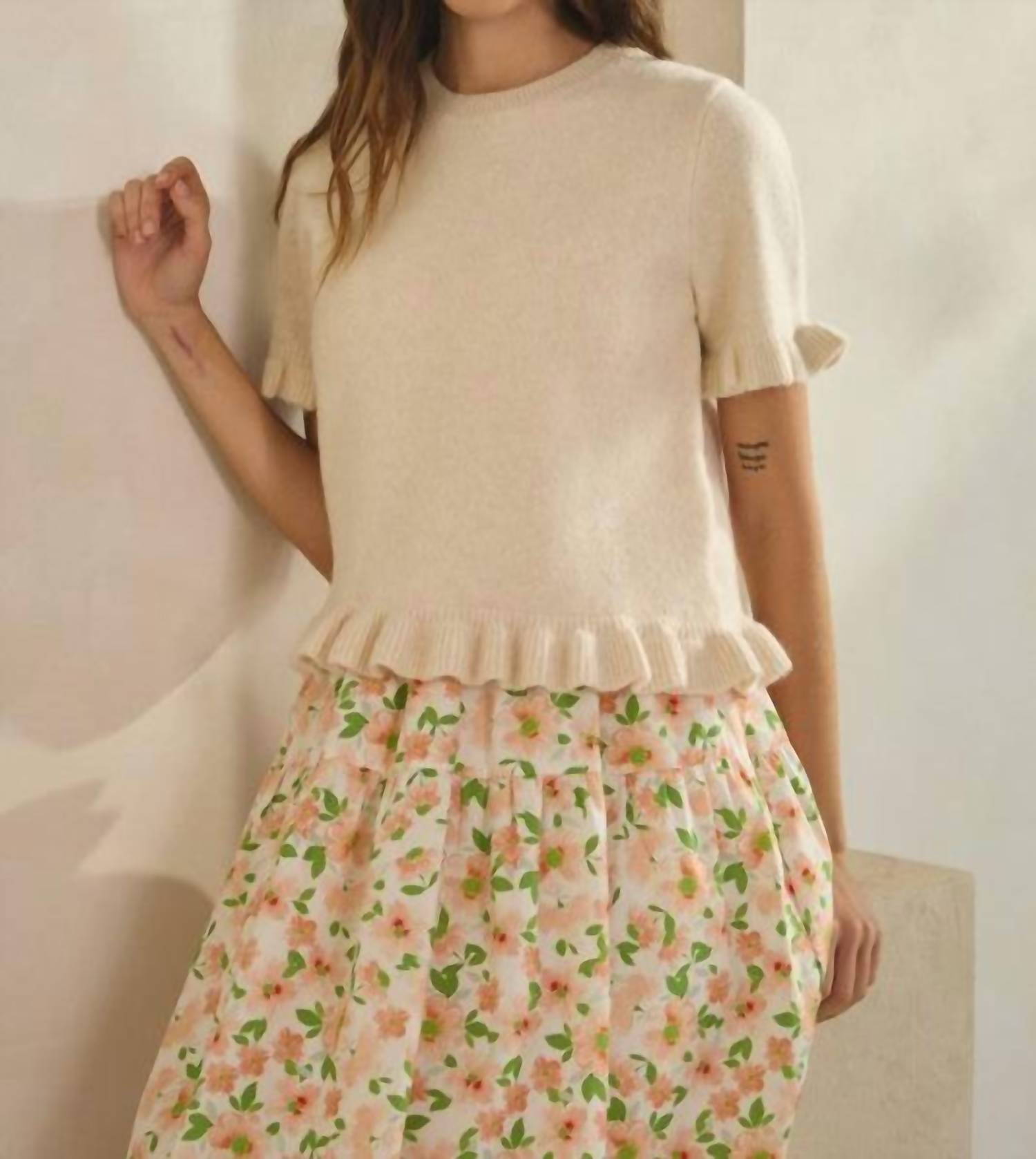 Creamon Ave Ruffle Wave Hem Knit Sweater in beige - women's sweater