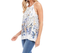 Karen Kane Bria Border Print Top in white with blues and yellow - women's blouse - detail view