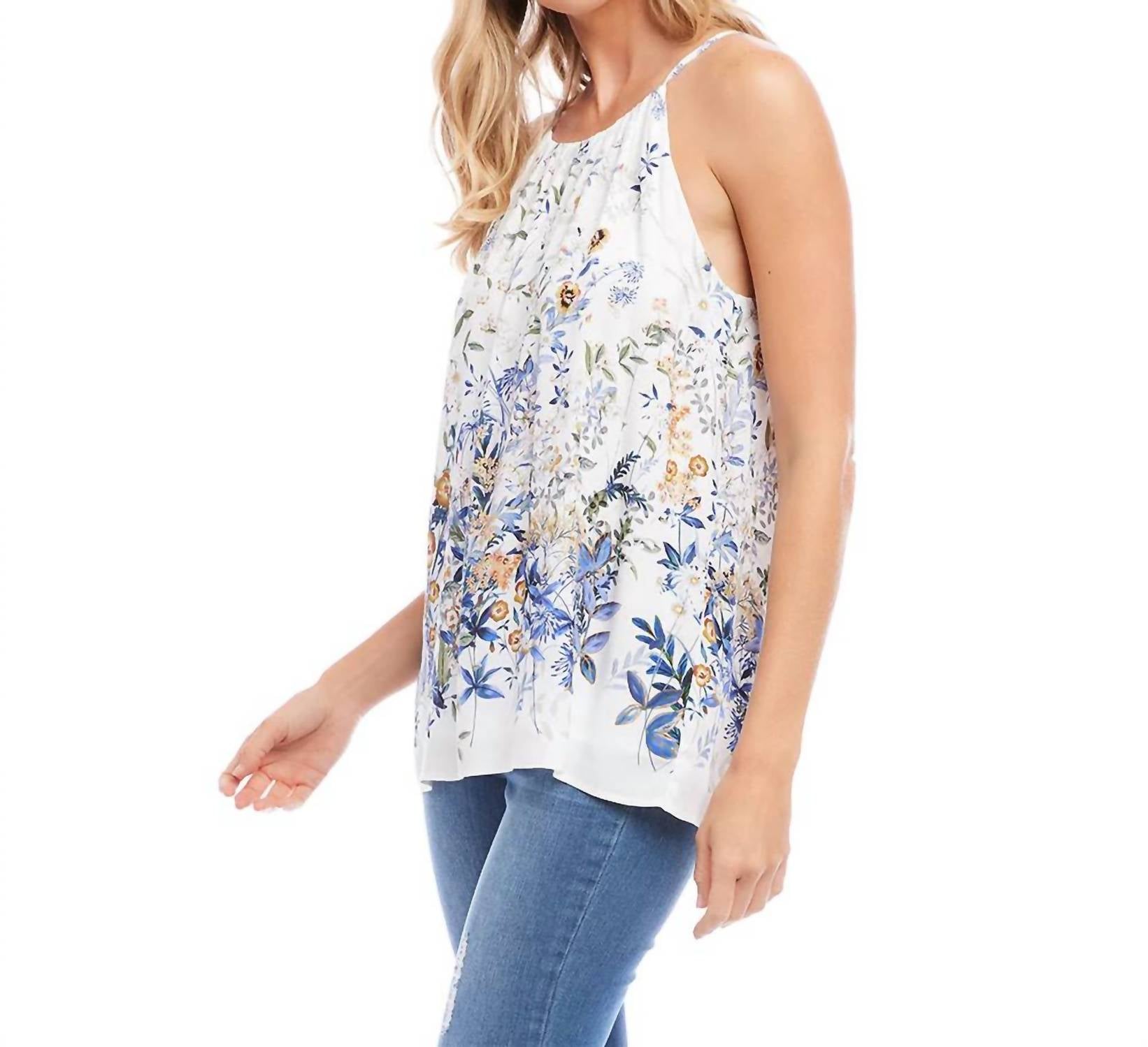 Karen Kane Bria Border Print Top in white with blues and yellow - women's blouse - detail view