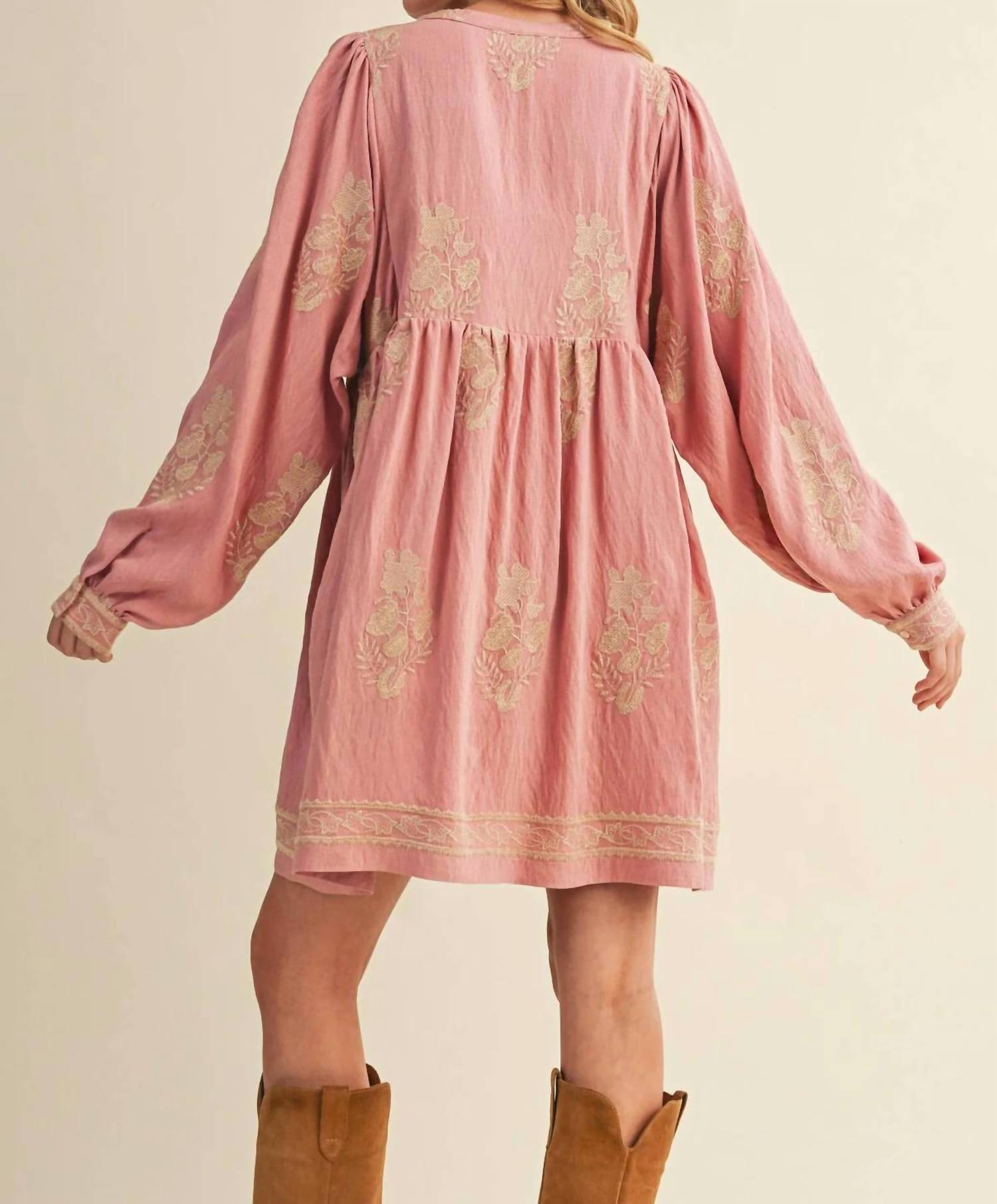 &Merci - Embroidered Long Puff Sleeve Mini Dress