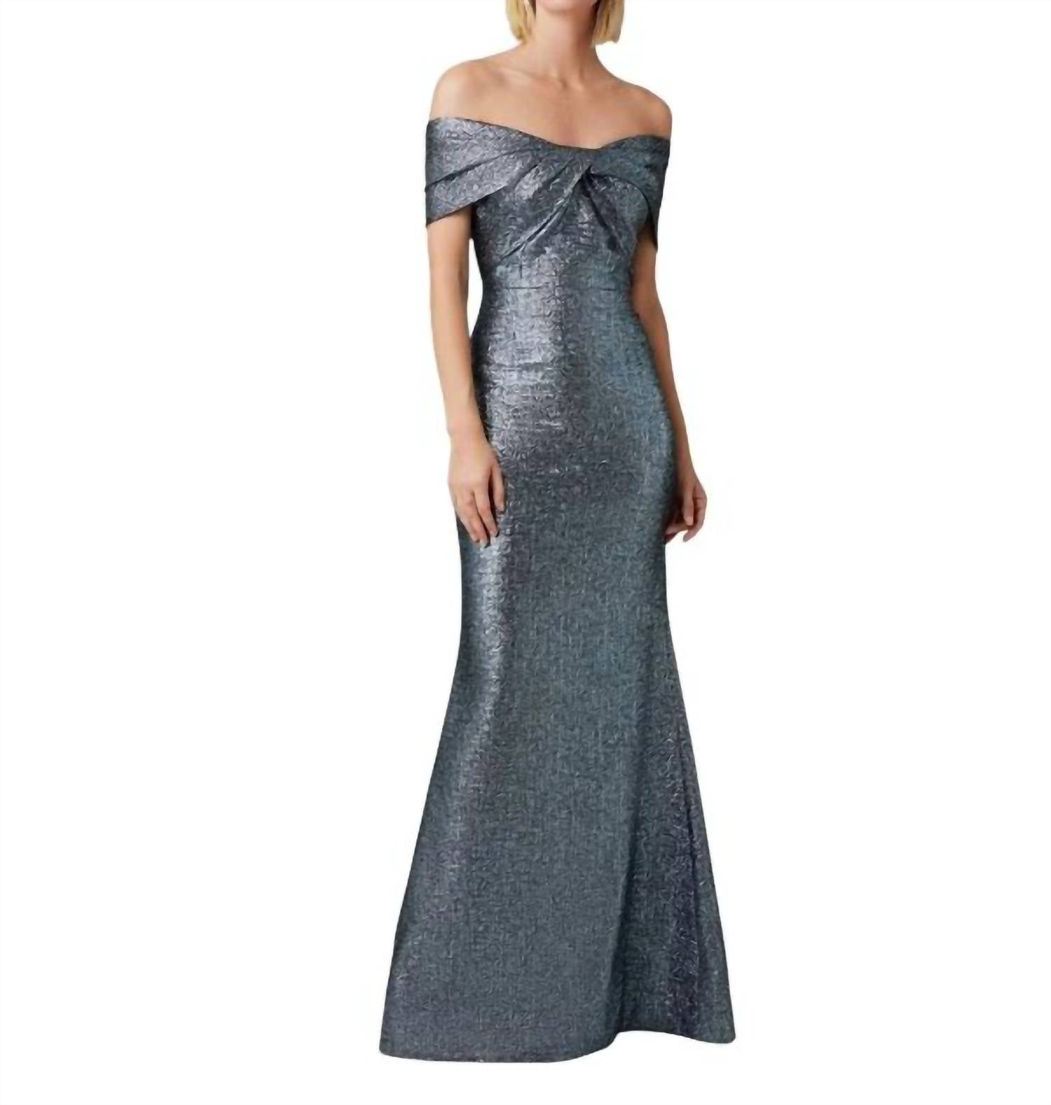 Teri Jon - Metallic Jacquard Twist Bodice Off The Shoulder Gown