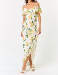 Blue Blush Sunsets In Capri Ruffle Midi Dress in capri ruffle midi dress in lemon - women's dress