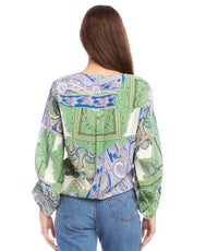 Karen Kane Pella Paisley Blouson Sleeve Tie Front Top in green multi - women's blouse - alternate view
