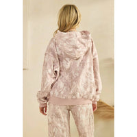 Veveret Printed Fleece Hoodie in pink camo - women's top - detail view