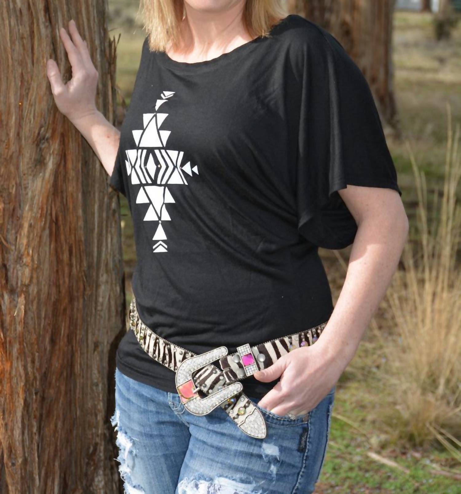 Cowgirl Justice Aztec Dolman Tee in black - women's t-shirt - detail view