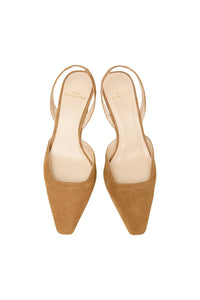 Ann Mashburn Women's Slight Square Slingback Heels in dark camel suede - women's heels - detail view