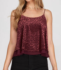 SHE + SKY Burnout Velvet Double Layered Camisole Top in wine - women's shirt