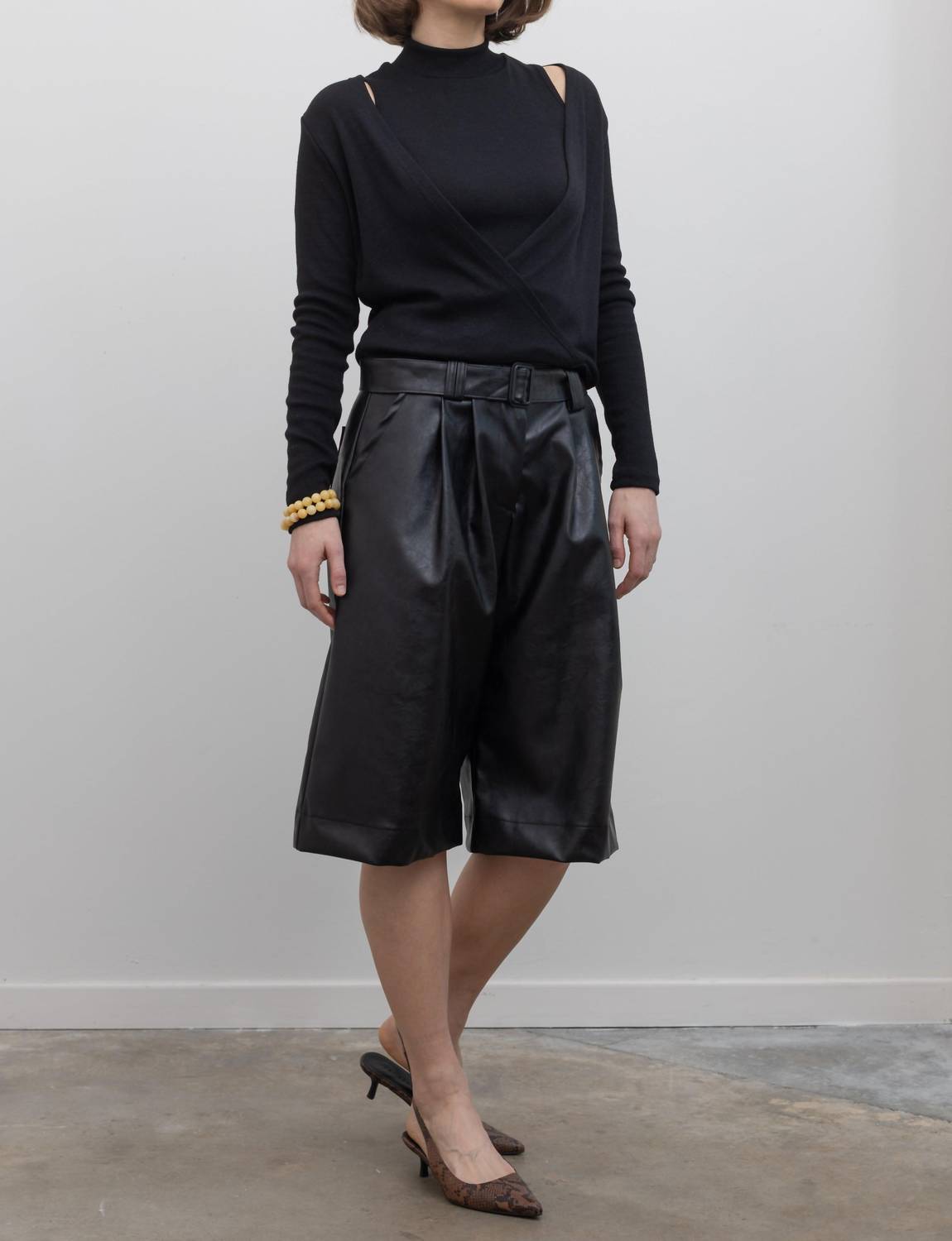 Collective Vegan Leather Belted Bermuda Shorts in black - women's shorts - detail view