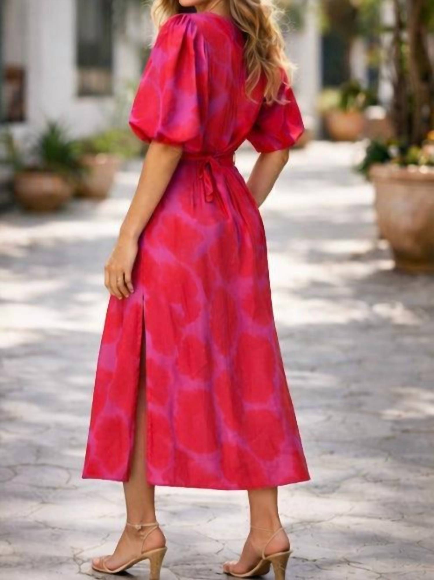 Maggy London Puff Sleeve Floral Midi Dress in pink - women's dress - detail view