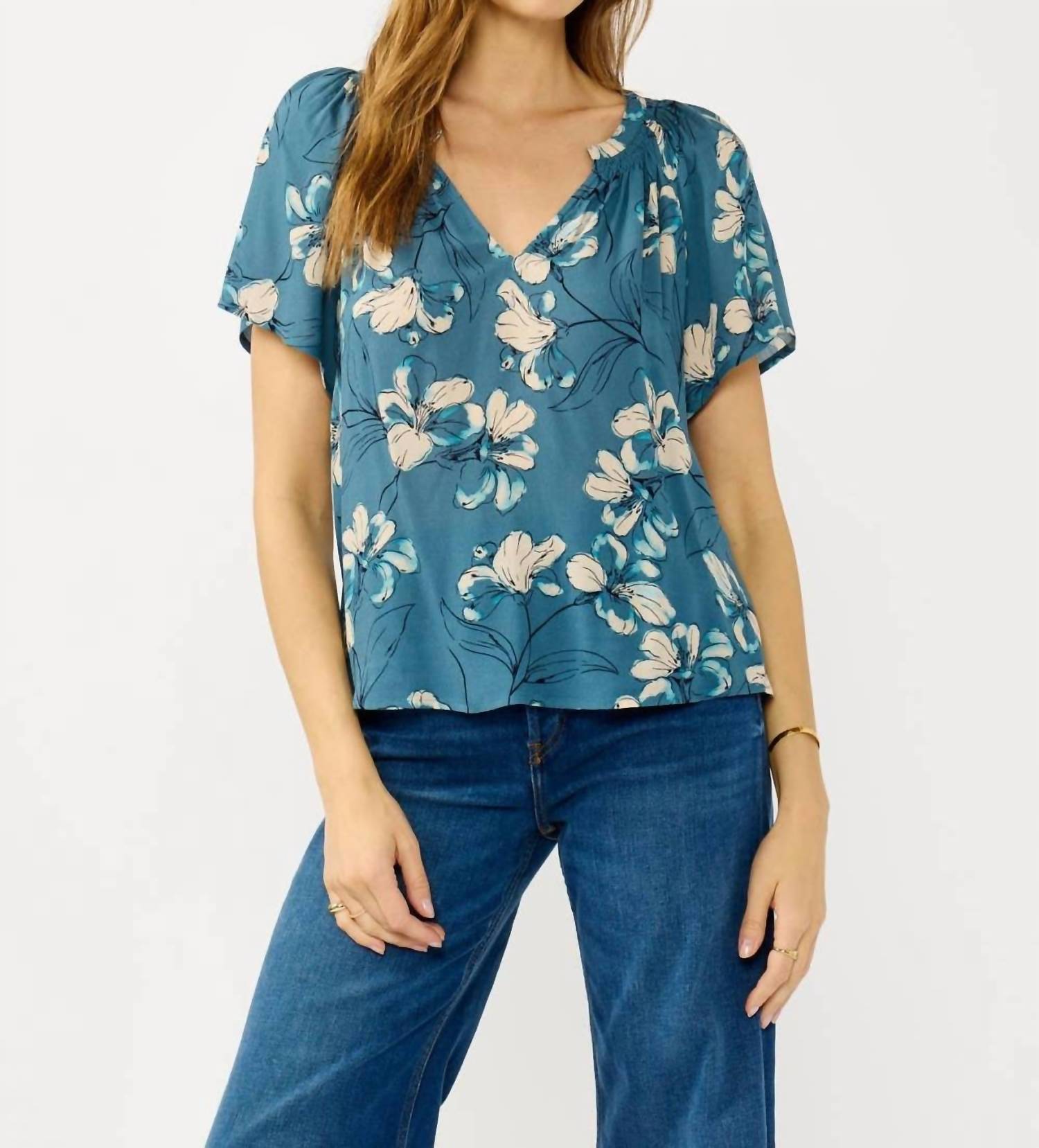 Lovestitch - Finley Floral Shirred Split Neck Top