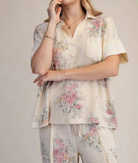 Easel - Floral Print Washed Waffle Top