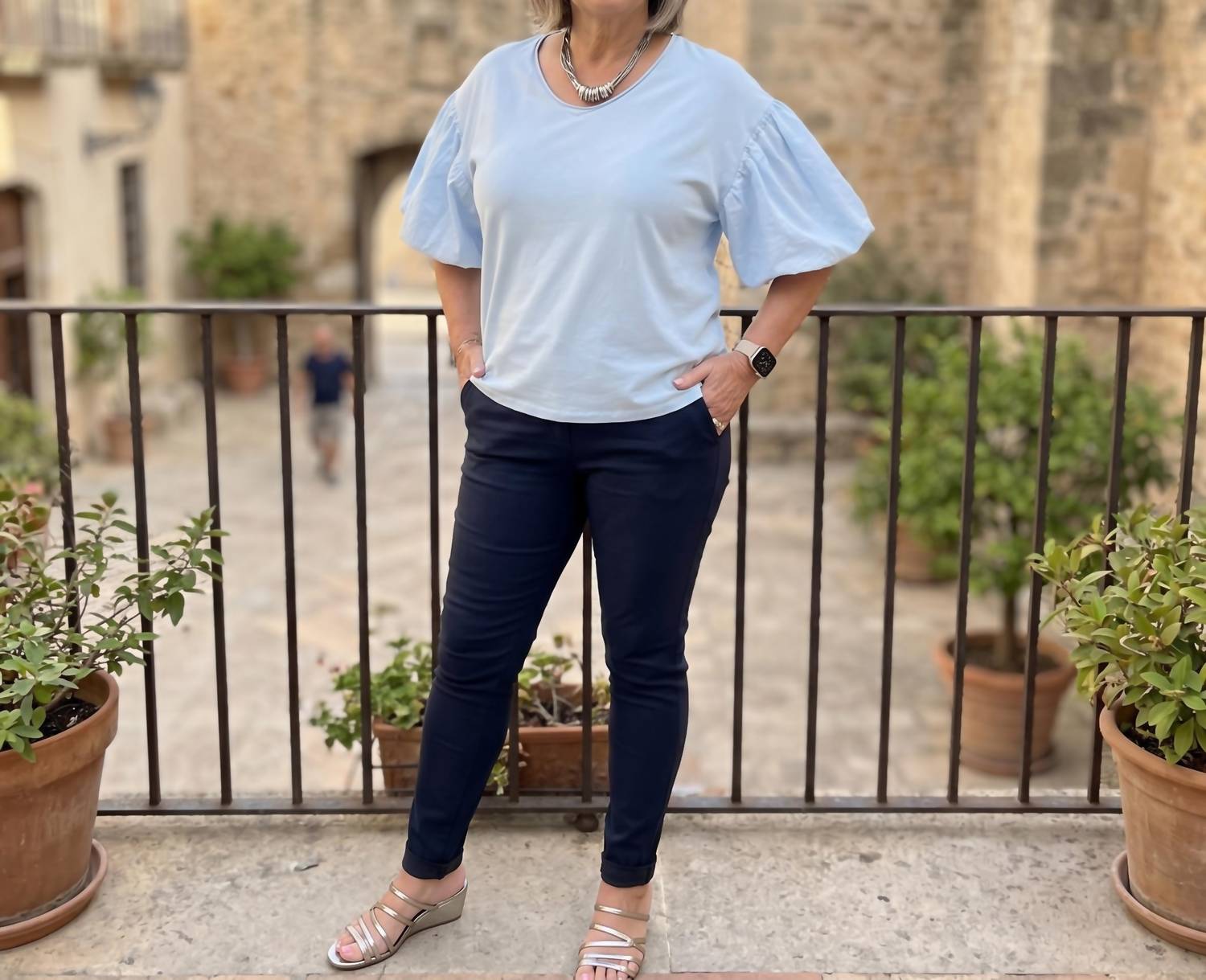 Made in Italy The Soft Statement Everyday Top in italy the soft statement everyday top in sky blue - women's blouse - detail view