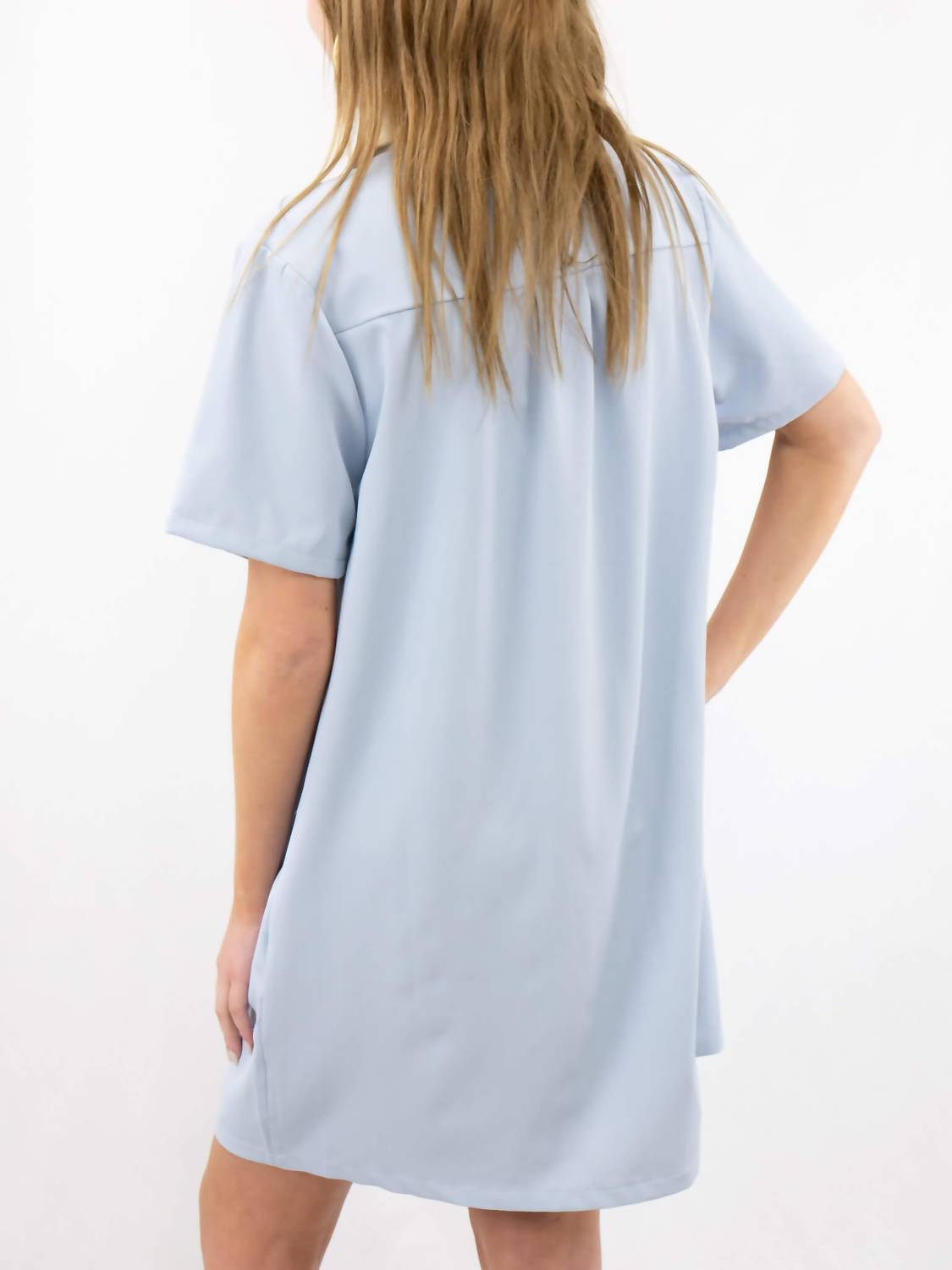 entro Leather Detail Button Up Dress in light blue cream - women's dress - detail view