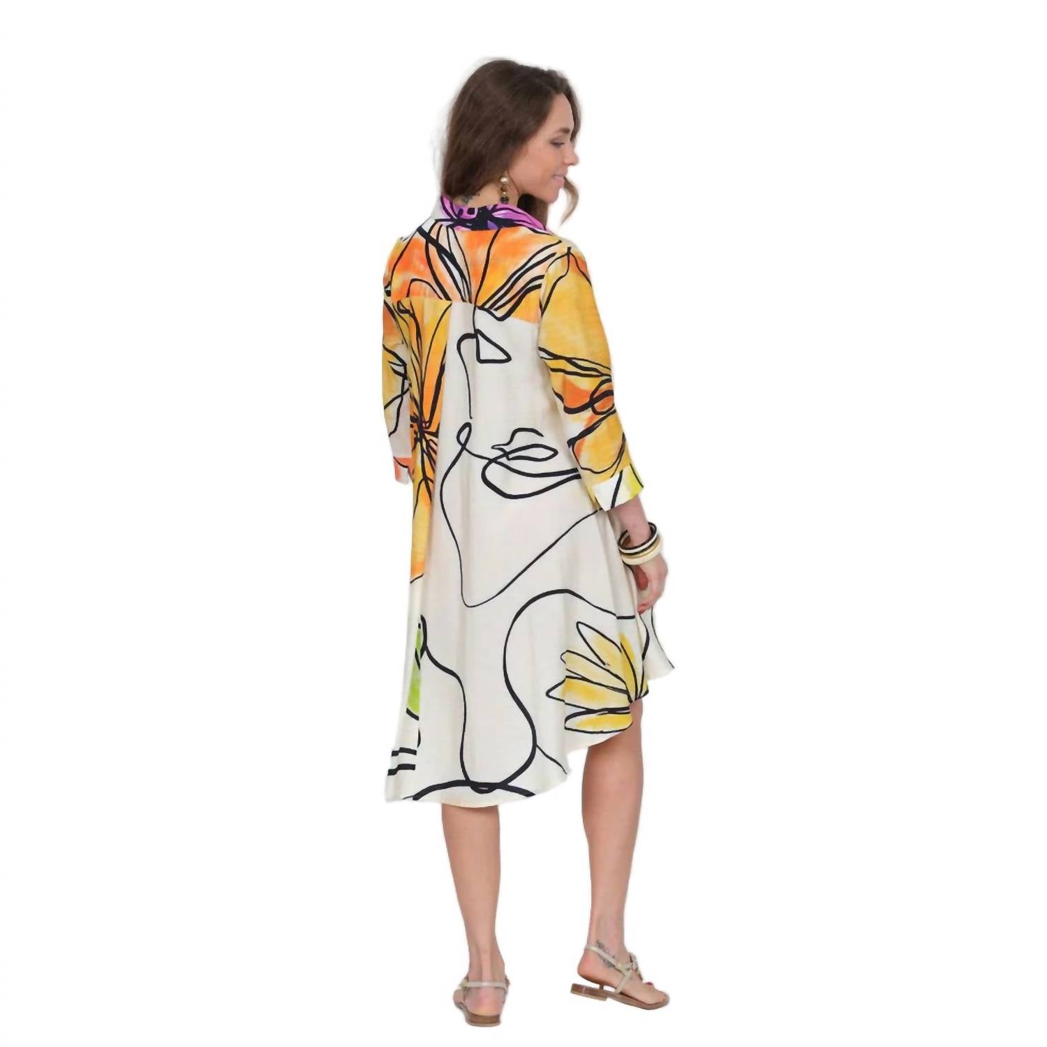 Lior - Abstract Leaf Print Button Front Shirt Dress