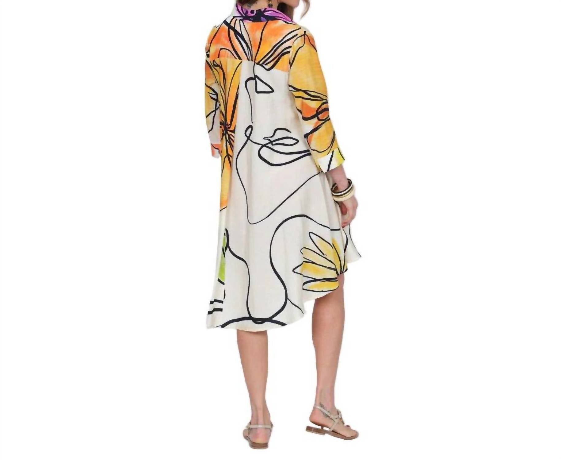 Lior - Abstract Leaf Print Button Front Shirt Dress