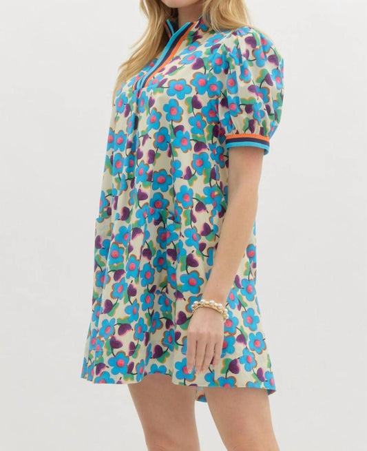 Entro - Floral Puff Sleeve Mini Dress With Contrast Trim And Pockets