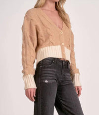 ELAN Two Tone V-neck Button Front Sweater in tan natural - women's sweater