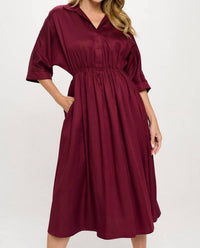 Reneec. - Collared V Neck Midi Dress With Pockets