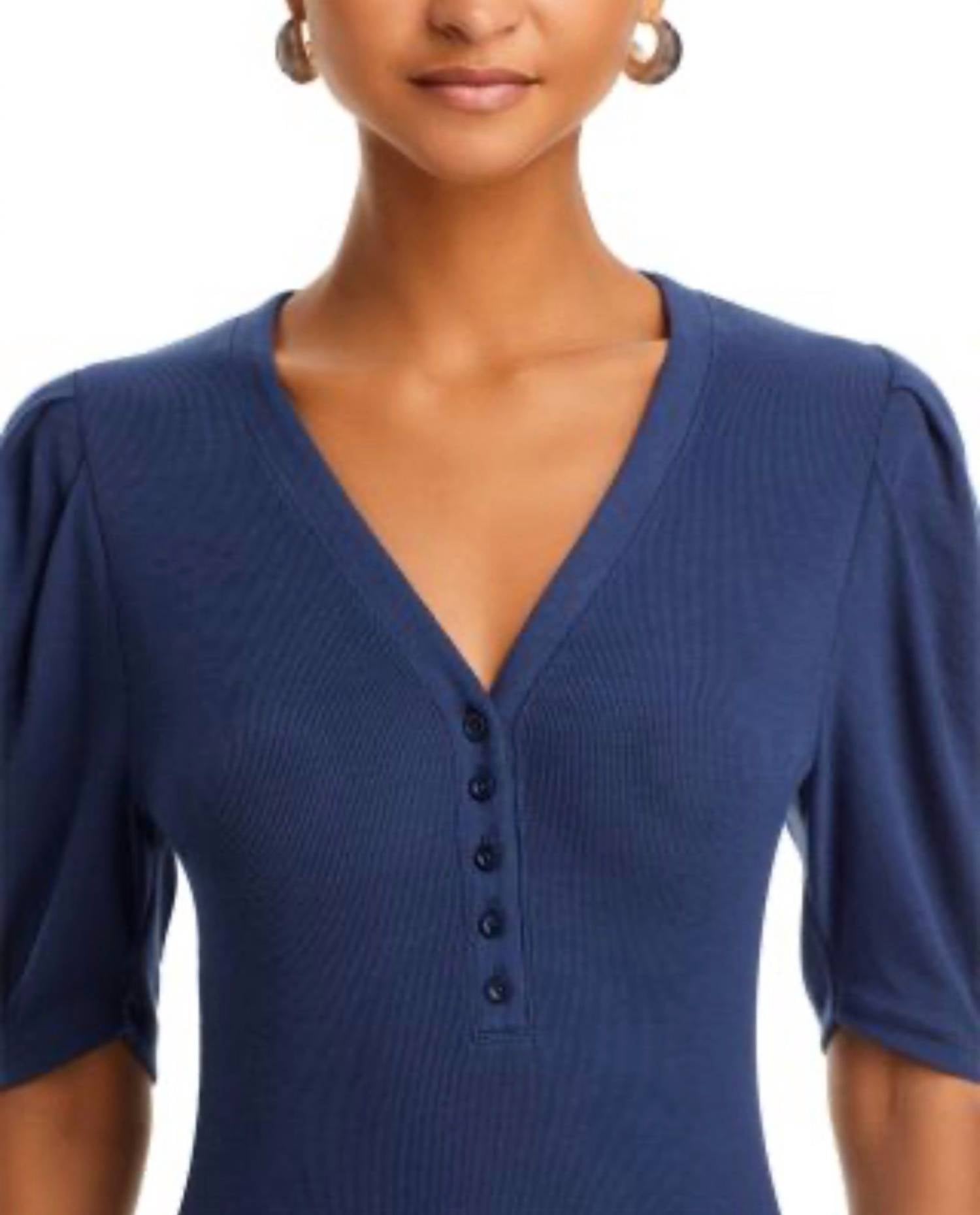 Frame - Rib Knit Ruched Sleeve Henley Tee