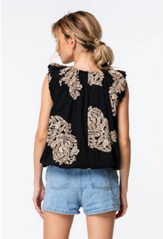 Ciebon - Embroidered Bubble Sleeve Blouse
