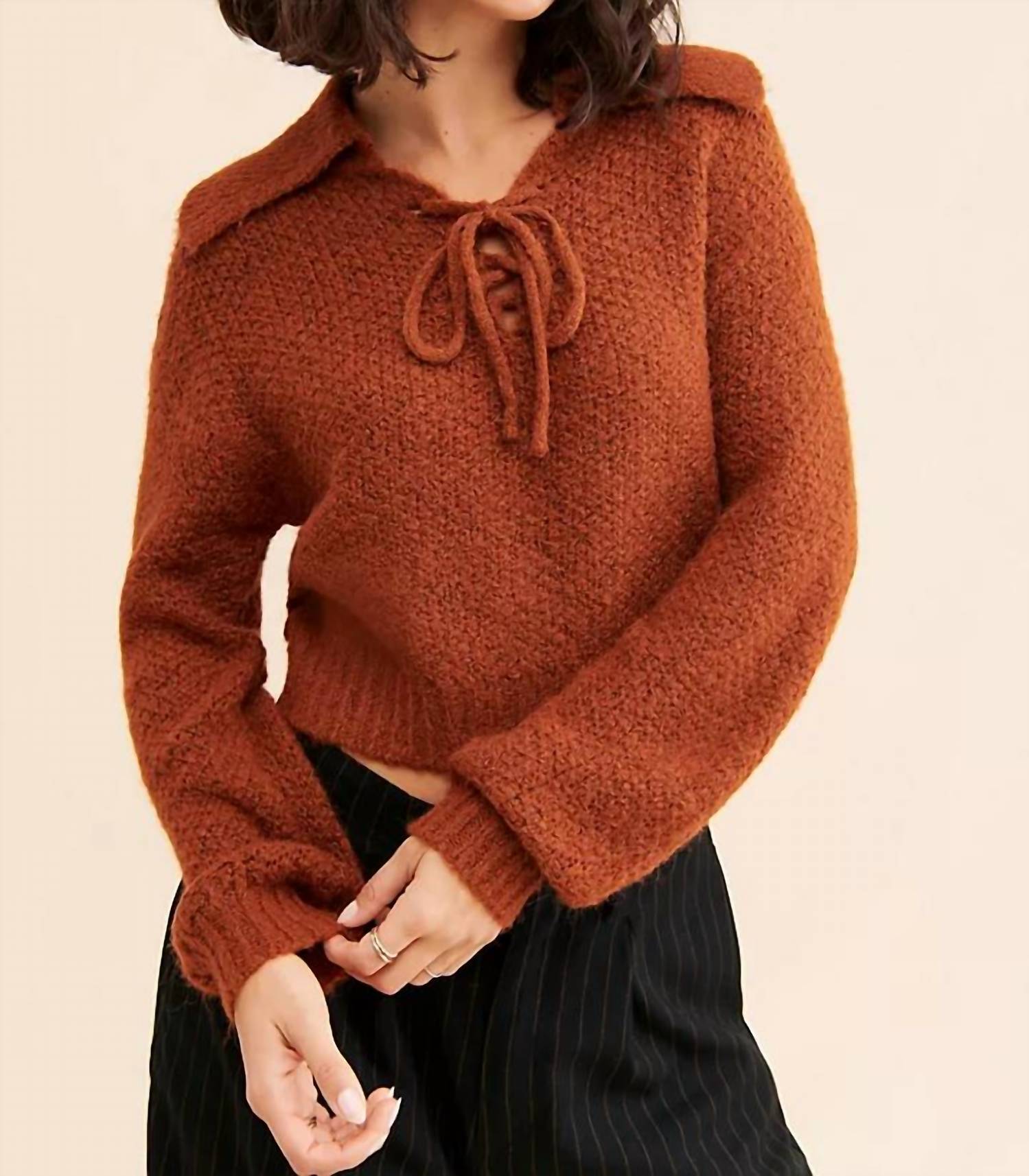 Sage The Label - Sophia Lace Up V Neck Sweater Top