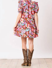 Peach Love Floral Poplin Ruffle Dress in pink multi - women's dress - detail view