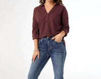 COCO + CARMEN Michela Long Sleeve V-neck Top in wine - women's top - alternate view
