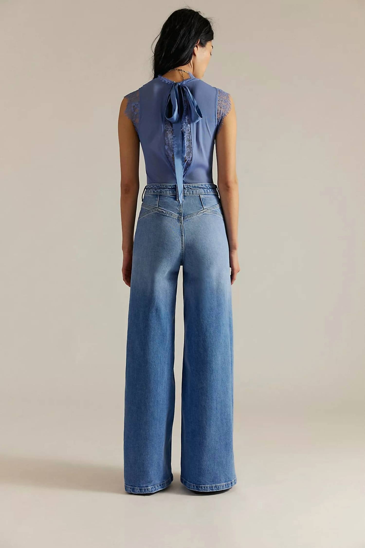 Free People Kellee High Rise Palazzo Jeans in plaza blue - women's jeans - detail view