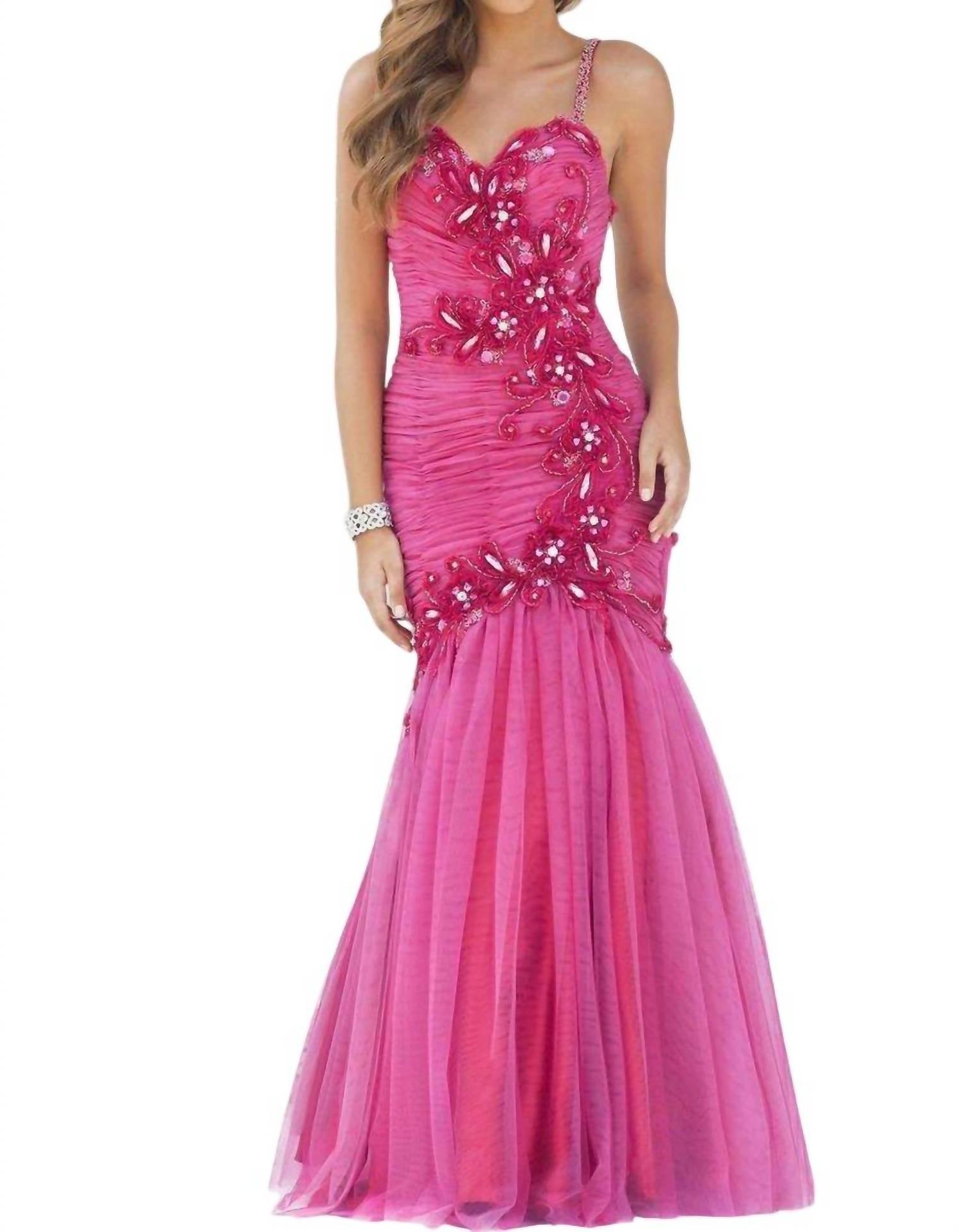 Blush Prom - Floral Embellished Pleated Mermaid Gown
