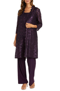 R&M Richards - Metallic Lace Tank Top And Pant Set With Sheer Lace Jacket