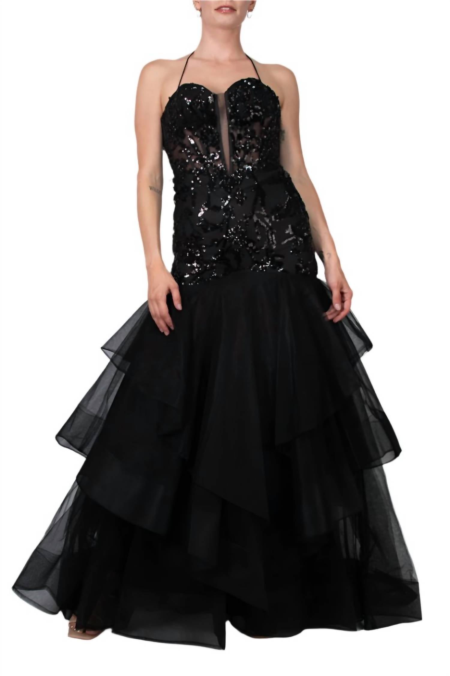 Colors Dress - Embroidered Plunging Neckline Gown