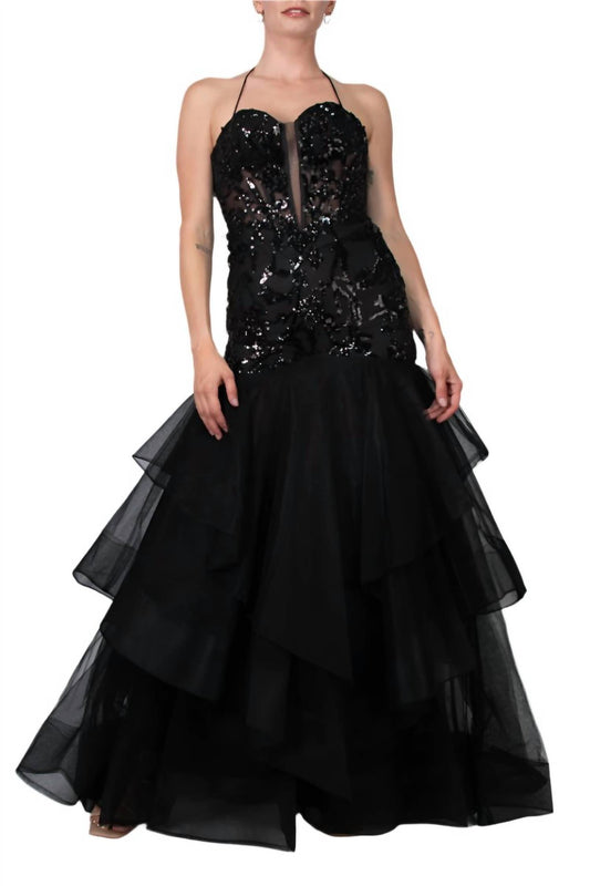 Colors Dress - Embroidered Plunging Neckline Gown