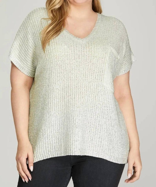 She + Sky - Short Sleeve V Neck Metallic Coated Sweater