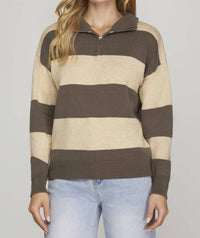 She + Sky - LONG SLEEVE HALF ZIP STRIPED SWEATER