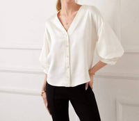 Karen Kane Lantern Sleeve Crystal Rhinestone Button Satin Top in cream - women's blouse - view 9