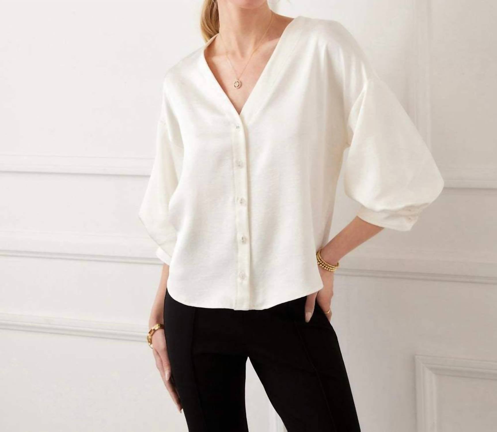 Karen Kane Lantern Sleeve Crystal Rhinestone Button Satin Top in cream - women's blouse - view 9