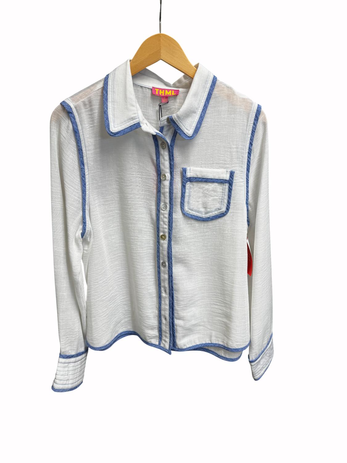 THML Women's Button Up Top in white blue - women's shirt