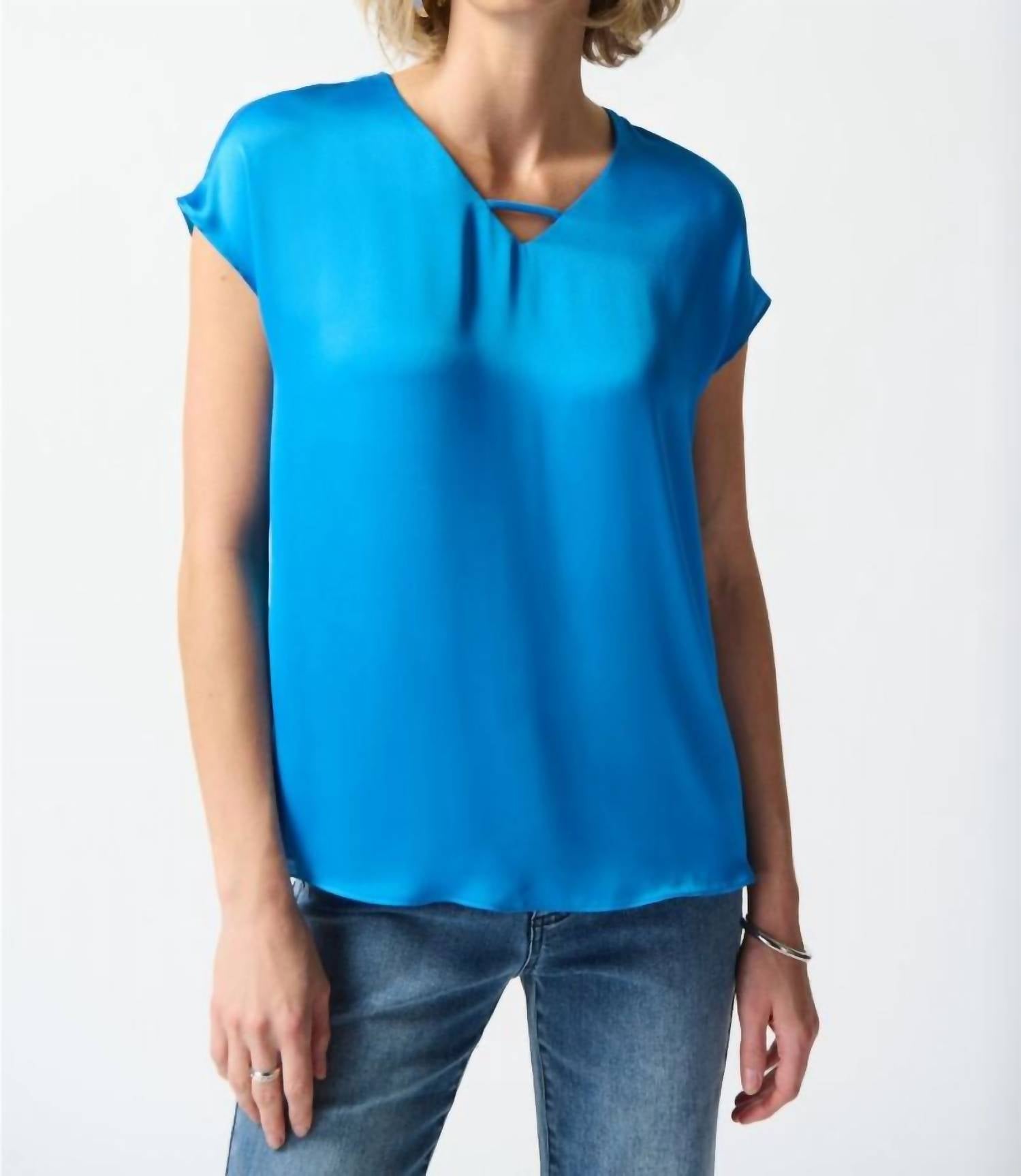 Joseph Ribkoff - Keyhole V-neck Short Sleeve Satin Top
