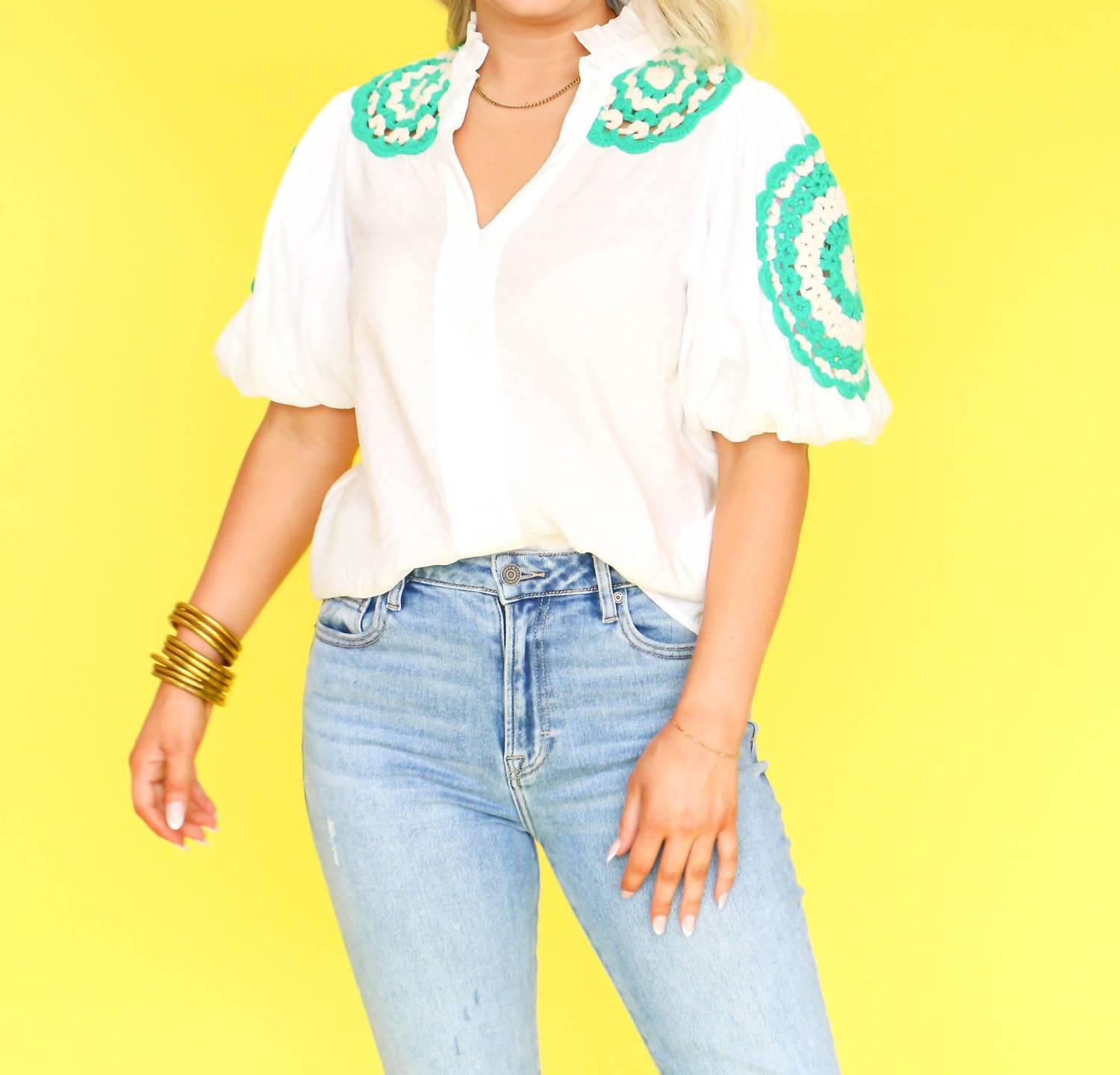 Thml - Puff Sleeve Crochet Detail Top