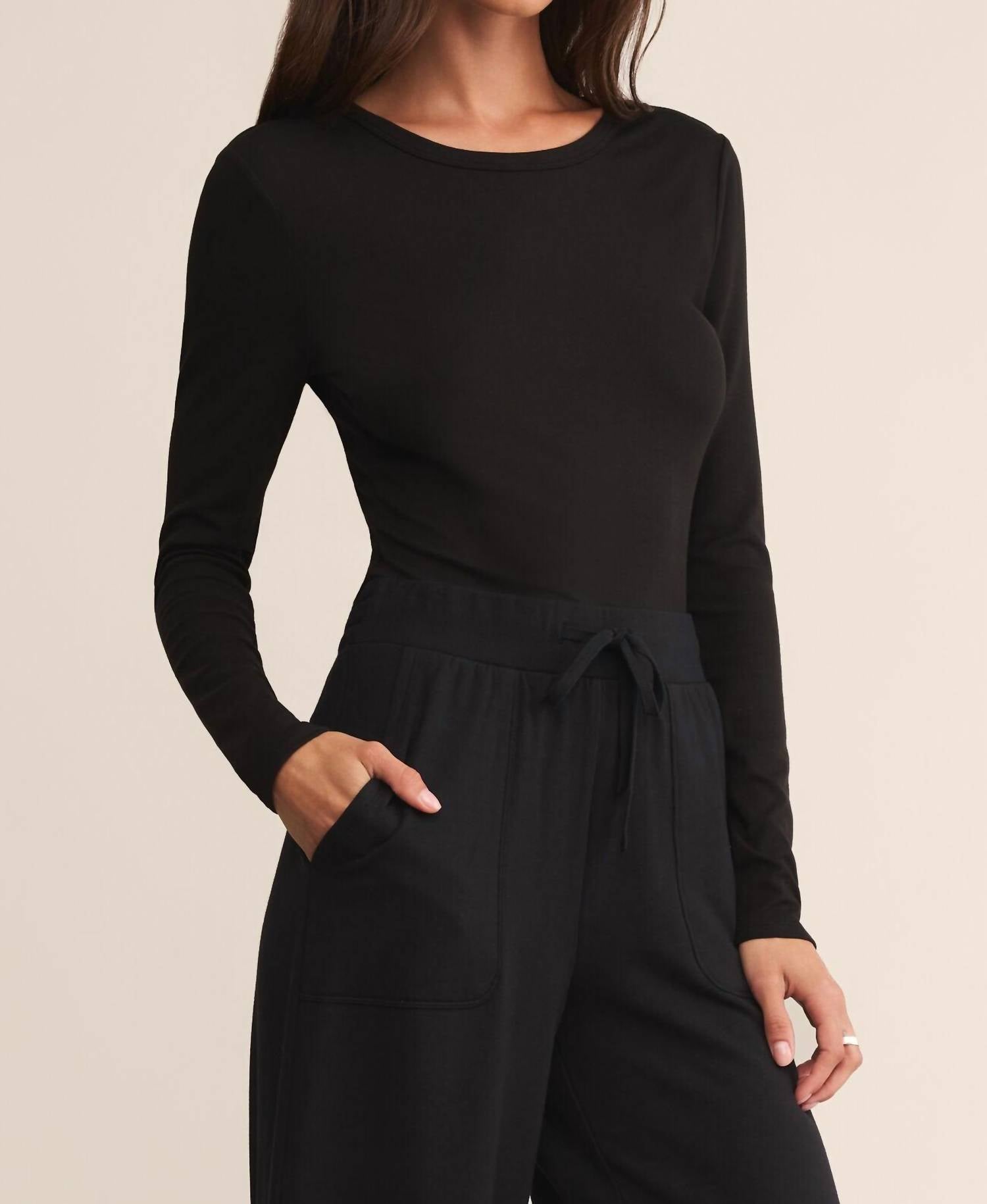 Z Supply Second Skin Crew Top in black 1 - women's long sleeve top - detail view