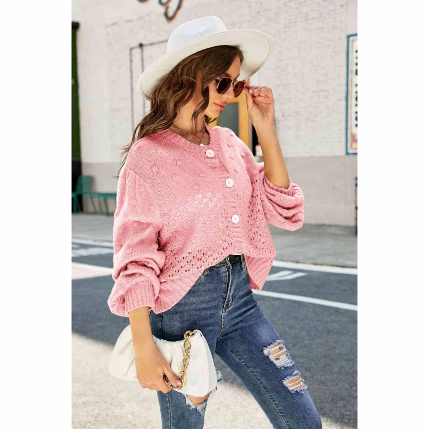 Miss Sparkling - Pompom Puff Sleeve Cardigan