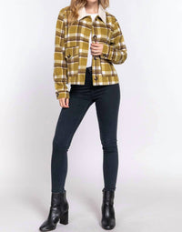 Active Usa - Faux Fur Collar Plaid Shacket