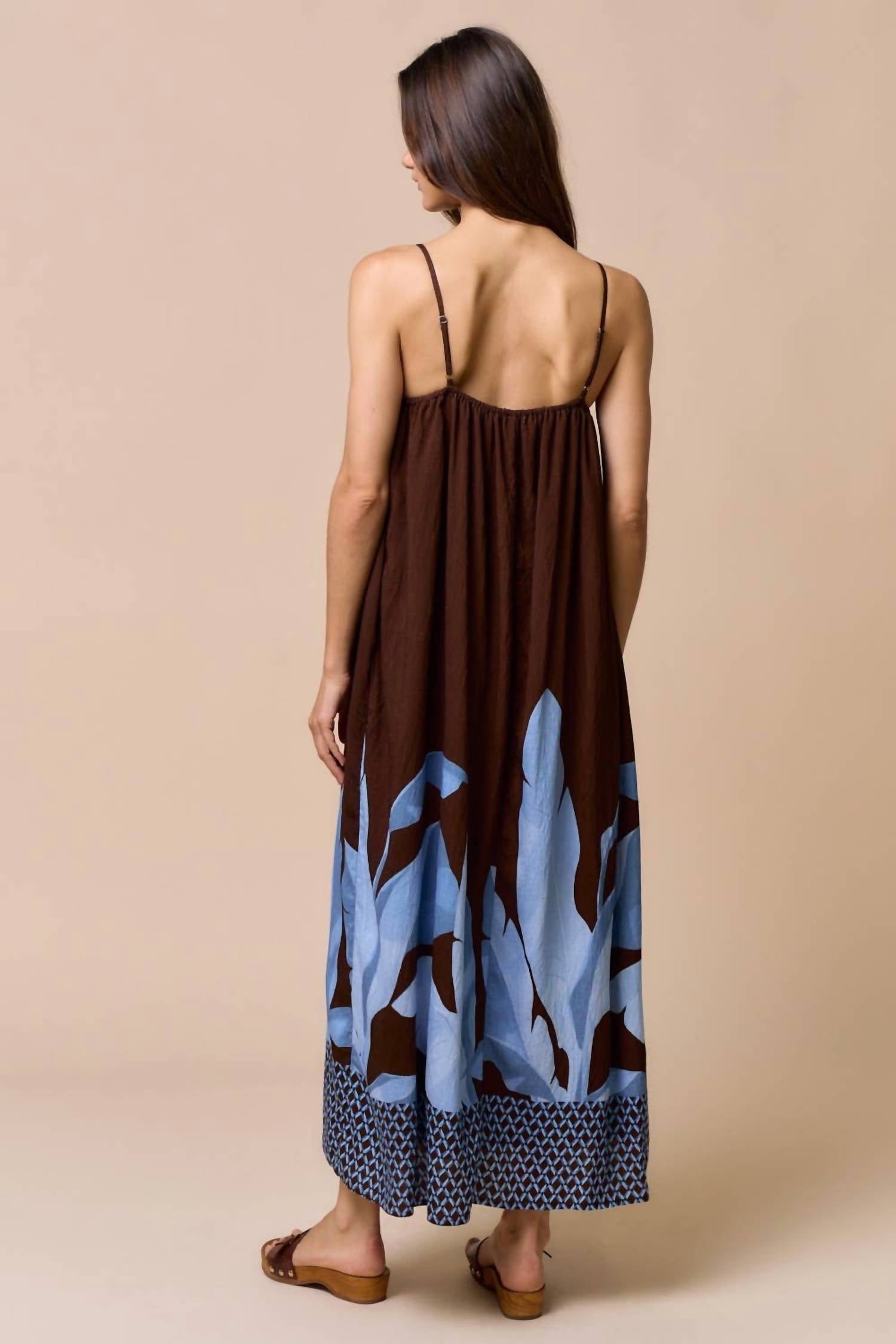 lalavon Strappy Leaf Print Maxi Dress in dark brown blue - women's dress - view 4
