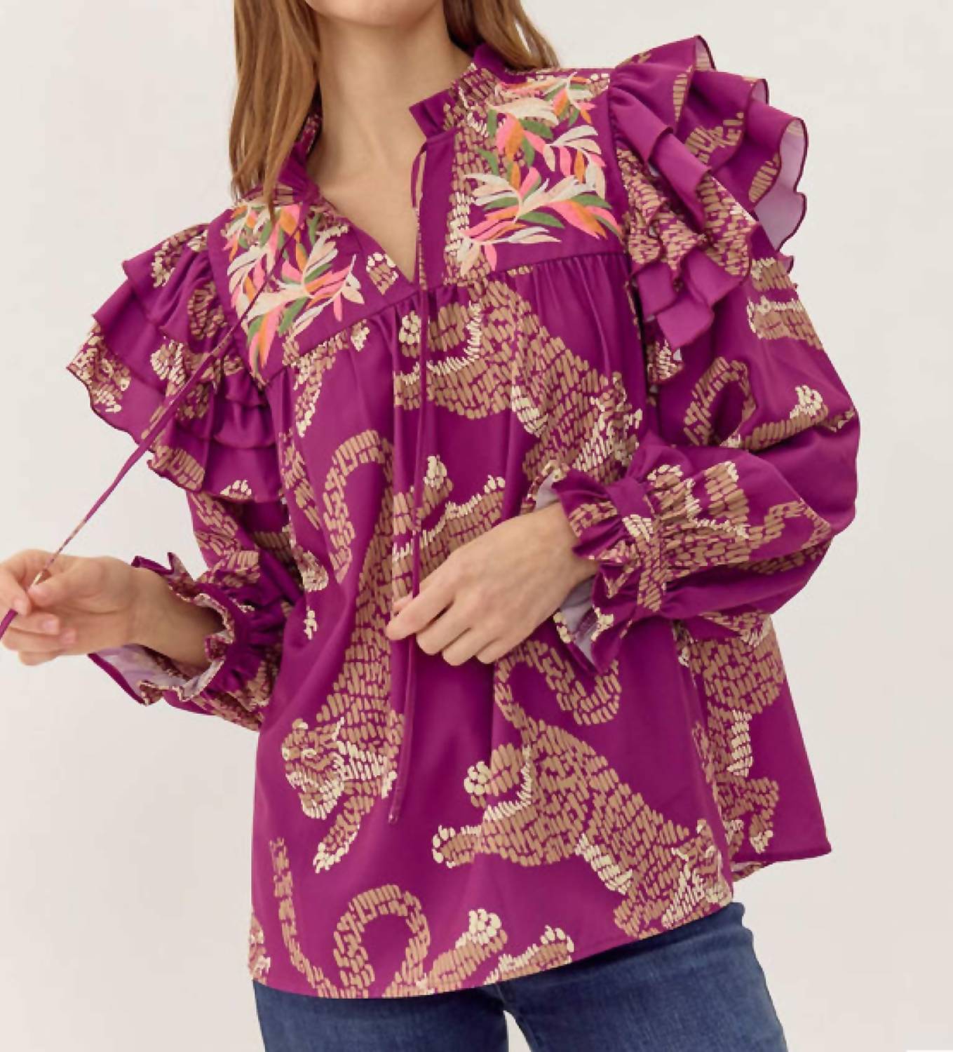 Jodifl - Tiger Print Ruffle Sleeve Top