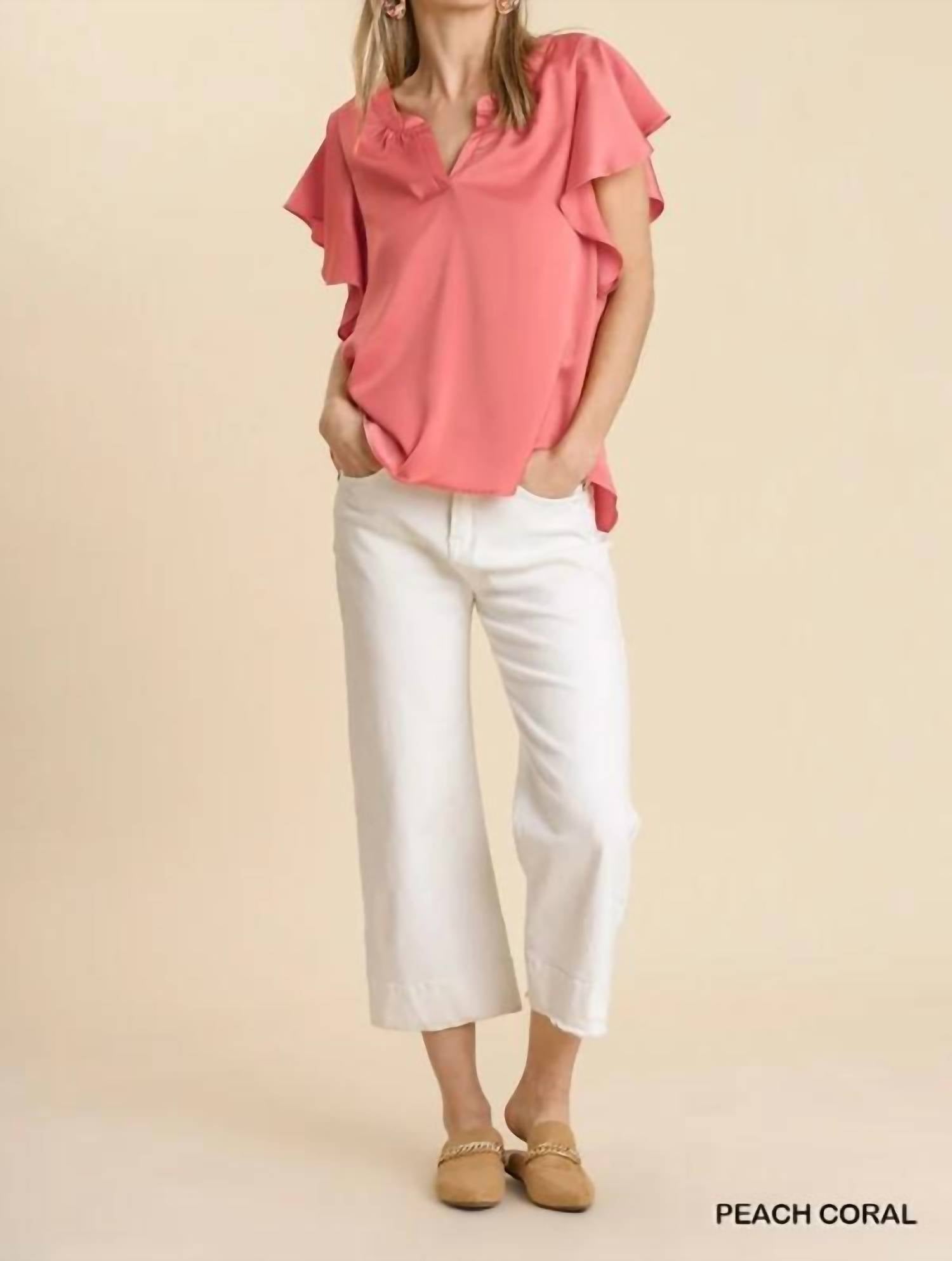 Umgee - Satin V-neck Short Ruffle Sleeve Top