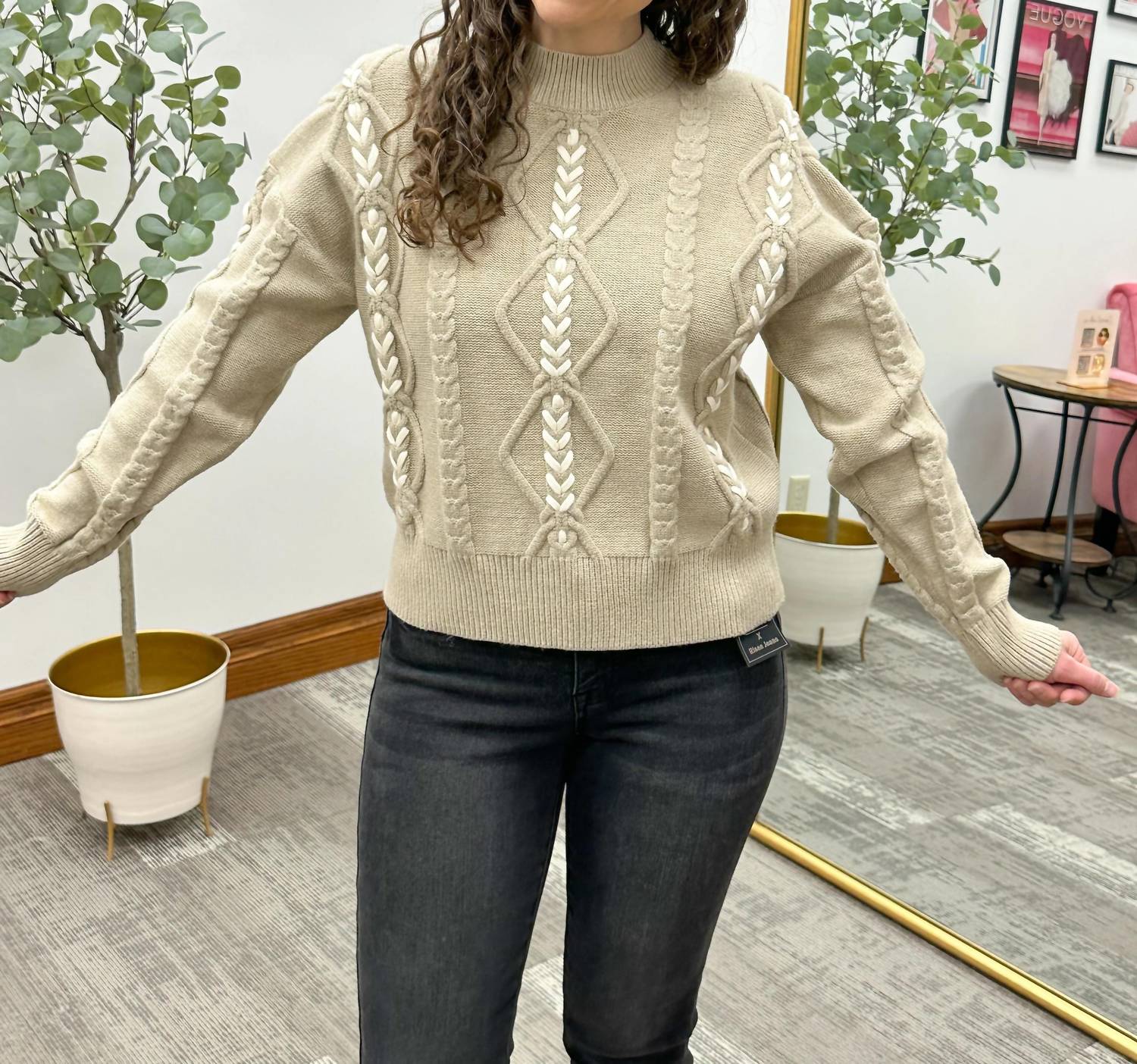 Tea N Rose - Braid Detail Cable Knit Sweater