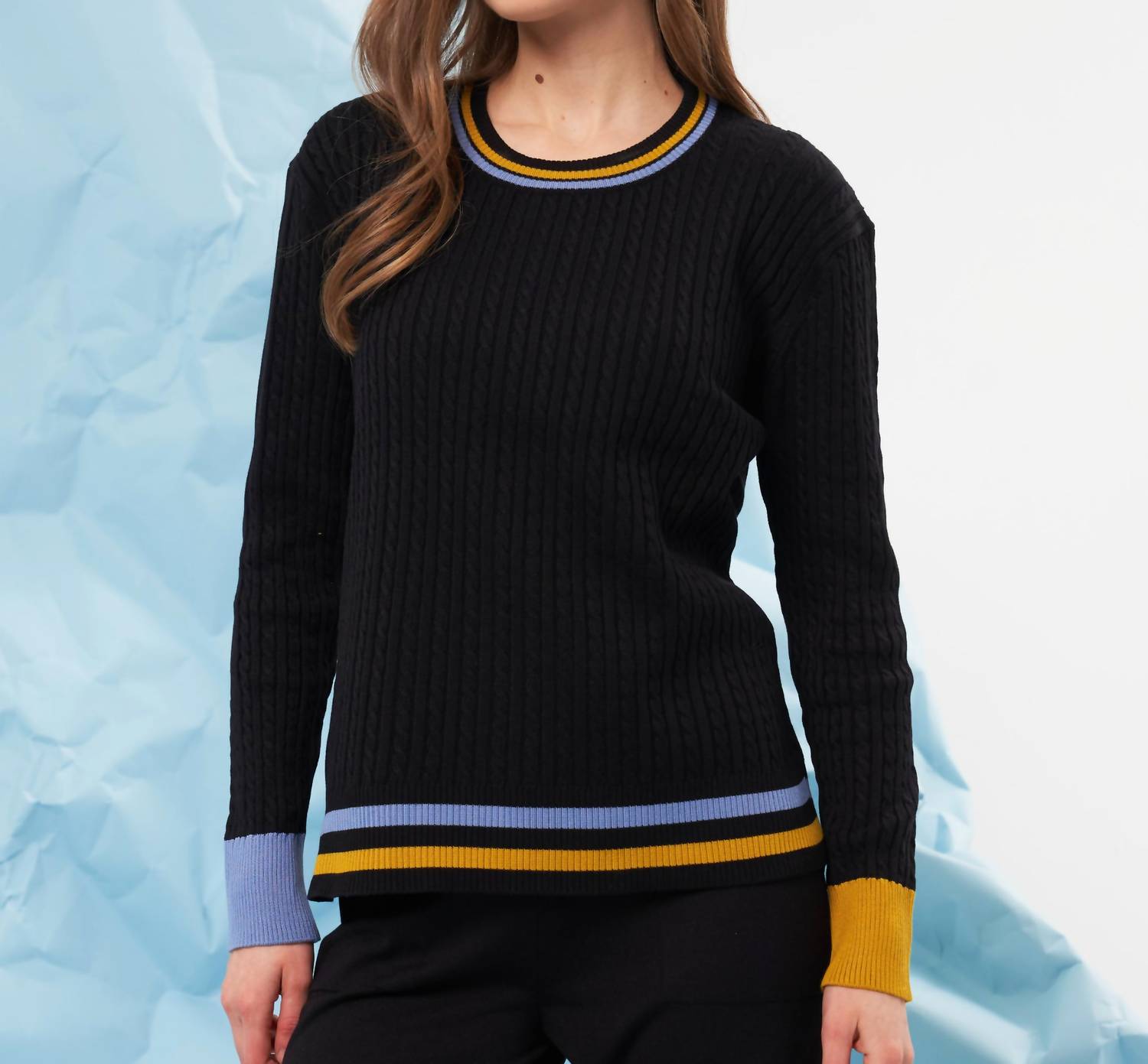 french kyss Braided Scoop Neck Sweater in black multi - women's long sleeve top - detail view