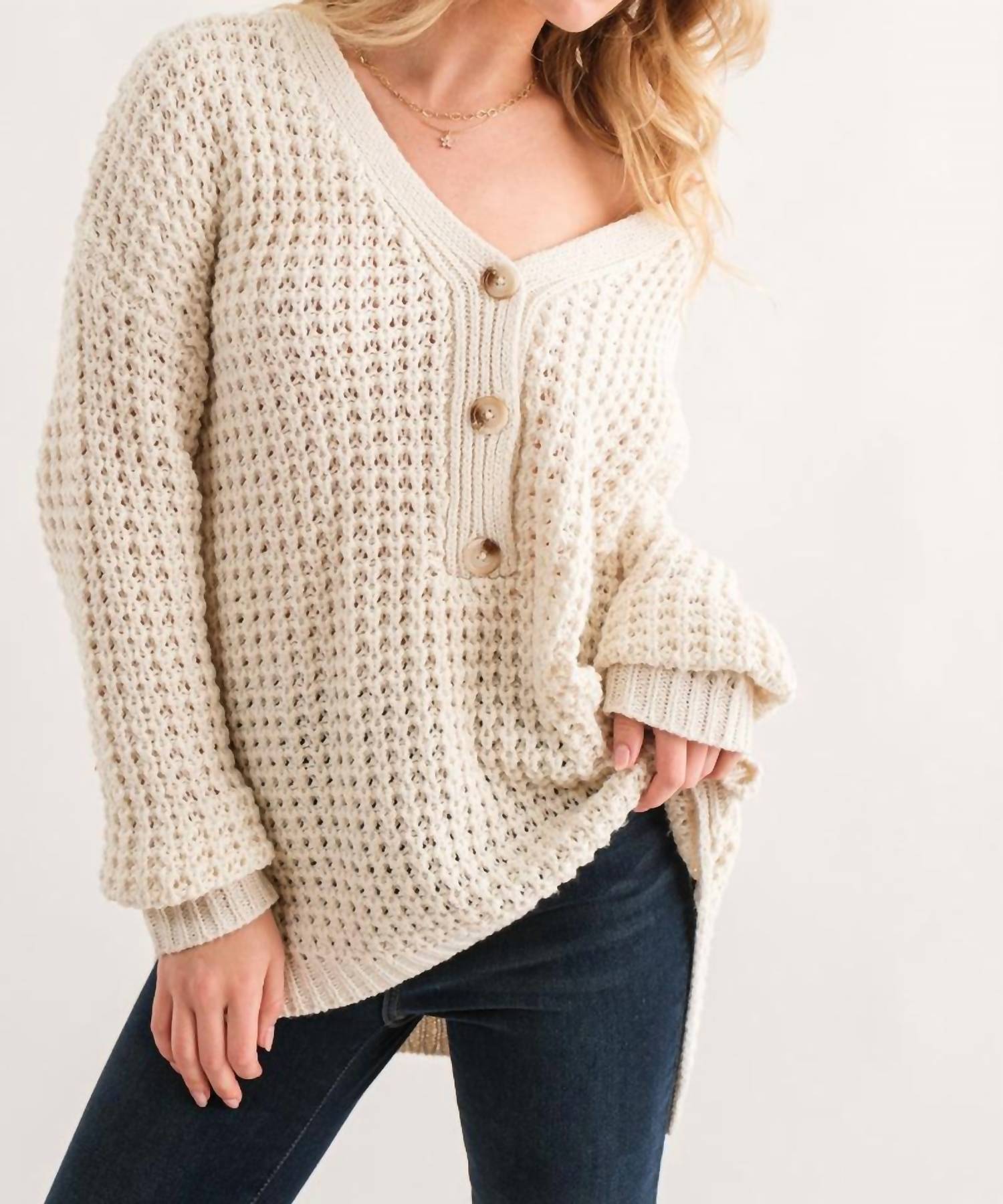 And The Why - Henley Waffle Textured Sweater - Plus