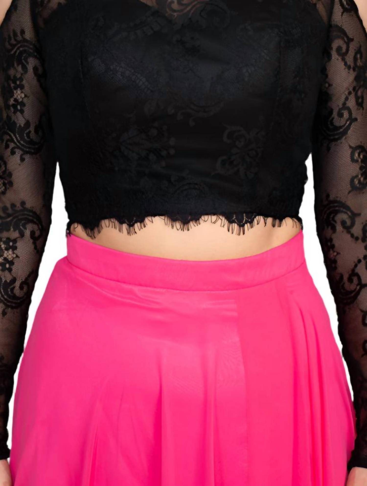 Dave & Johnny - Scalloped Neck Cutout Shoulder Illusion Lace Bodice Chiffon Dress