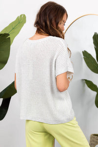 She + Sky - Short Sleeve V-neck Metallic Coated Sweater Top With Front Pocket